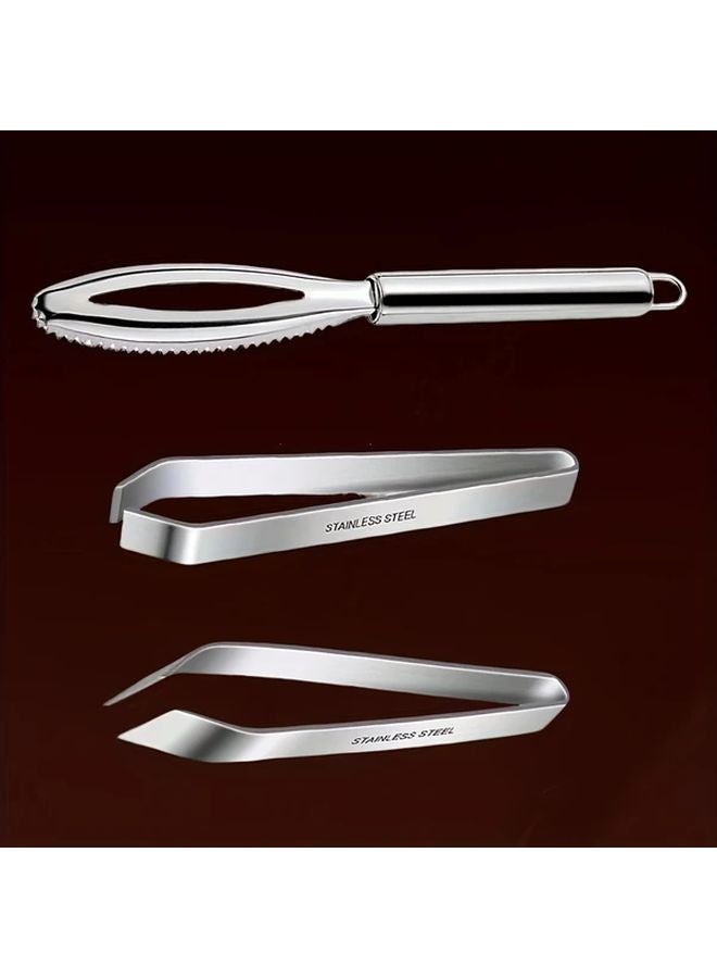 3 Piece Stainless Steel Fish Scaler Set With Tweezers And Serrated Edge - Image 1